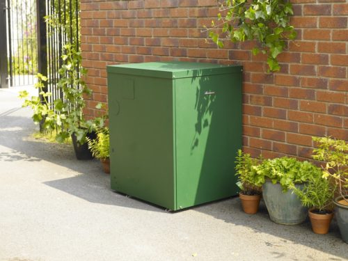 Outdoor oil fired boiler, part of an oil central heating system