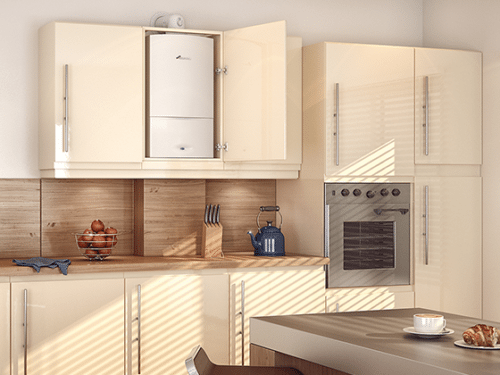 A regular boiler in a bright, clean kitchen; save on central heating installation cost